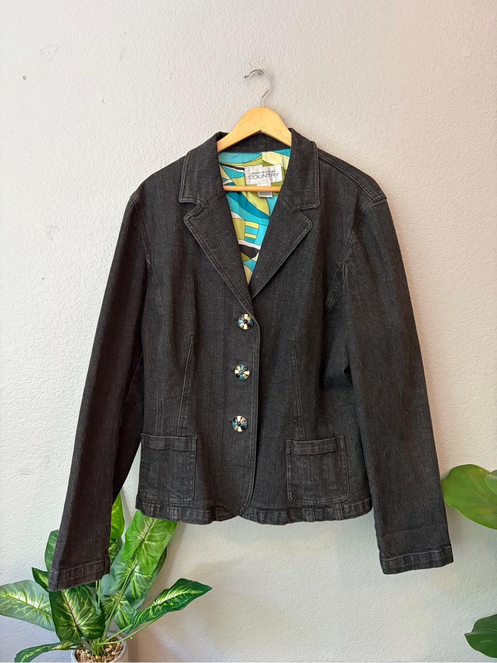 Jones New York Black Denim Blazer with Patterned Lining